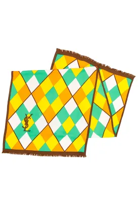 1970s YSL Harlequin Yellow Orange Green and Brown Silk Scarf