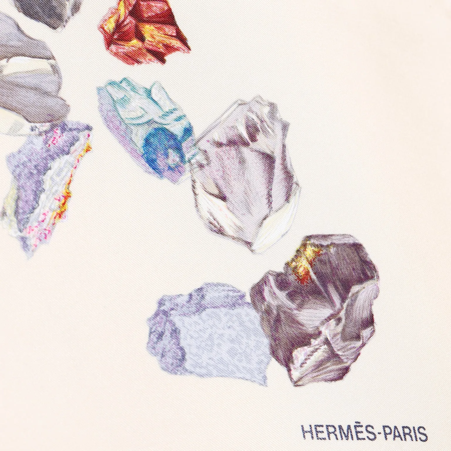 1990s Hermes "Minéraux" by Hugo Grygkar Silk Scarf w Colorful Gemstones