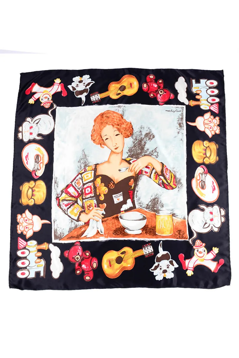 1990s Moschino Vintage "Moschigliani" Novelty Art Scarf w/ Toy Border