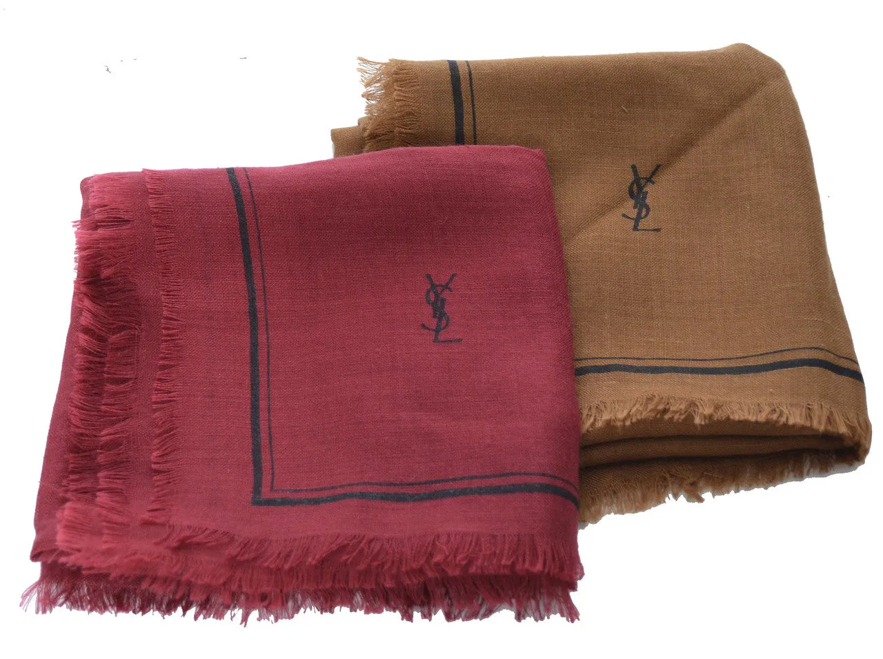 2 Vintage Yves Saint Laurent Cashmere Silk Scarves Red and Brown