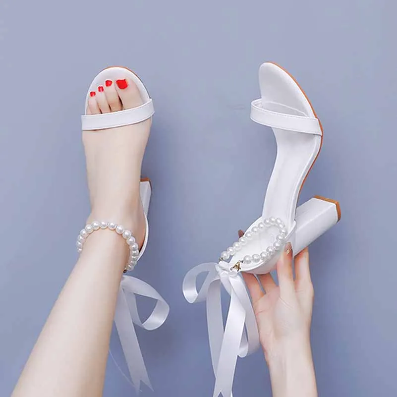 2.95" 3.74" Lace-Up Pearls Ankle Strap Chunky Shoes Summer Bridal Shoes