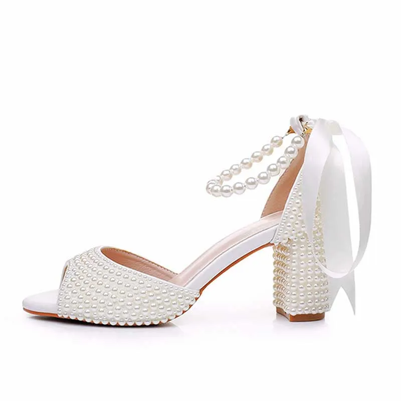 2.95" Chunky Lace Up Pearls Wedding Sandals Vintage Peep Toe Bridal Shoes