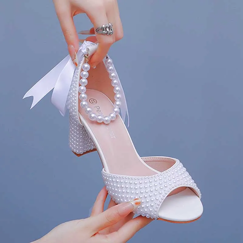 2.95" Chunky Lace Up Pearls Wedding Sandals Vintage Peep Toe Bridal Shoes