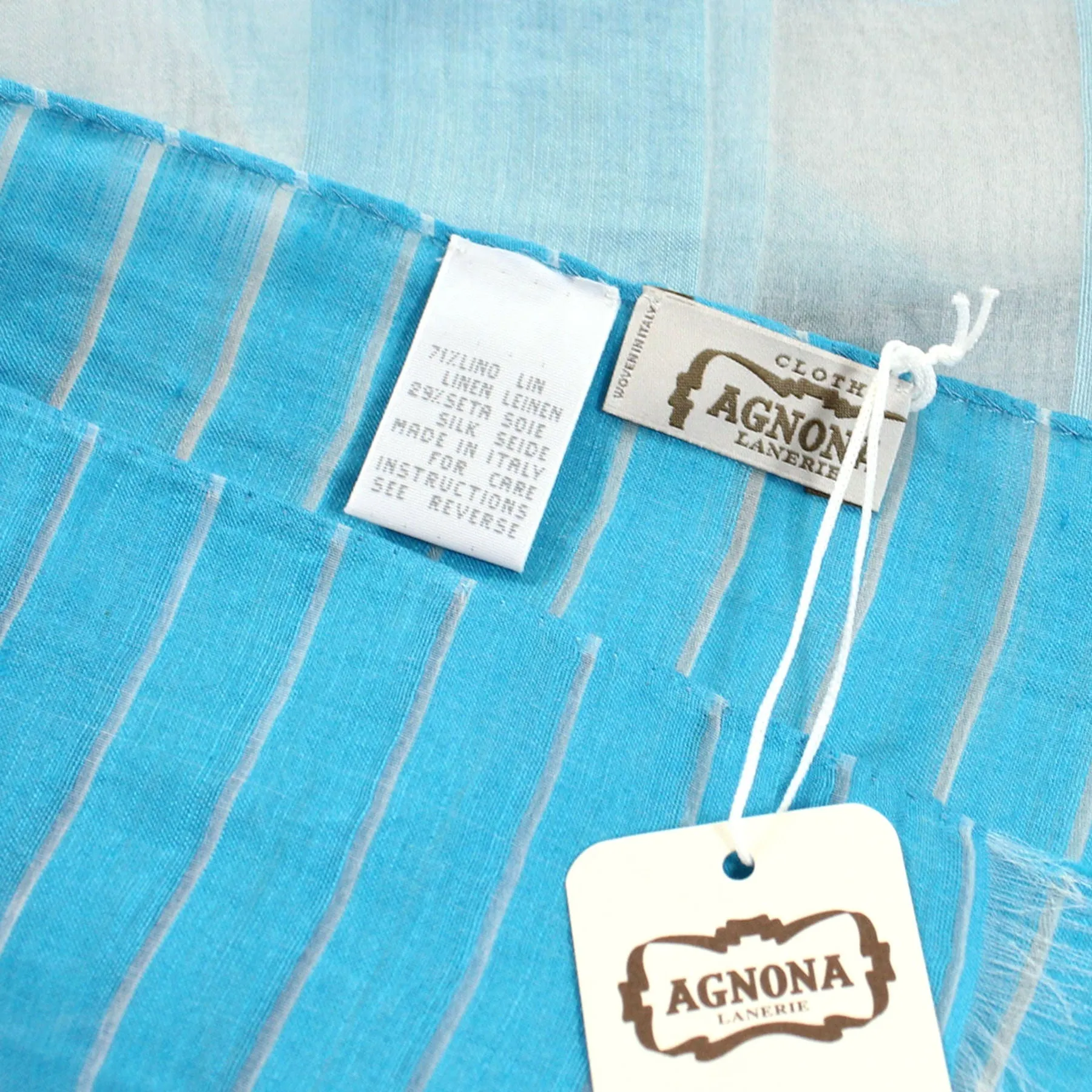 Agnona Women Scarf Aqua Blue Stripes Design - Luxury Linen Silk Shawl FINAL SALE