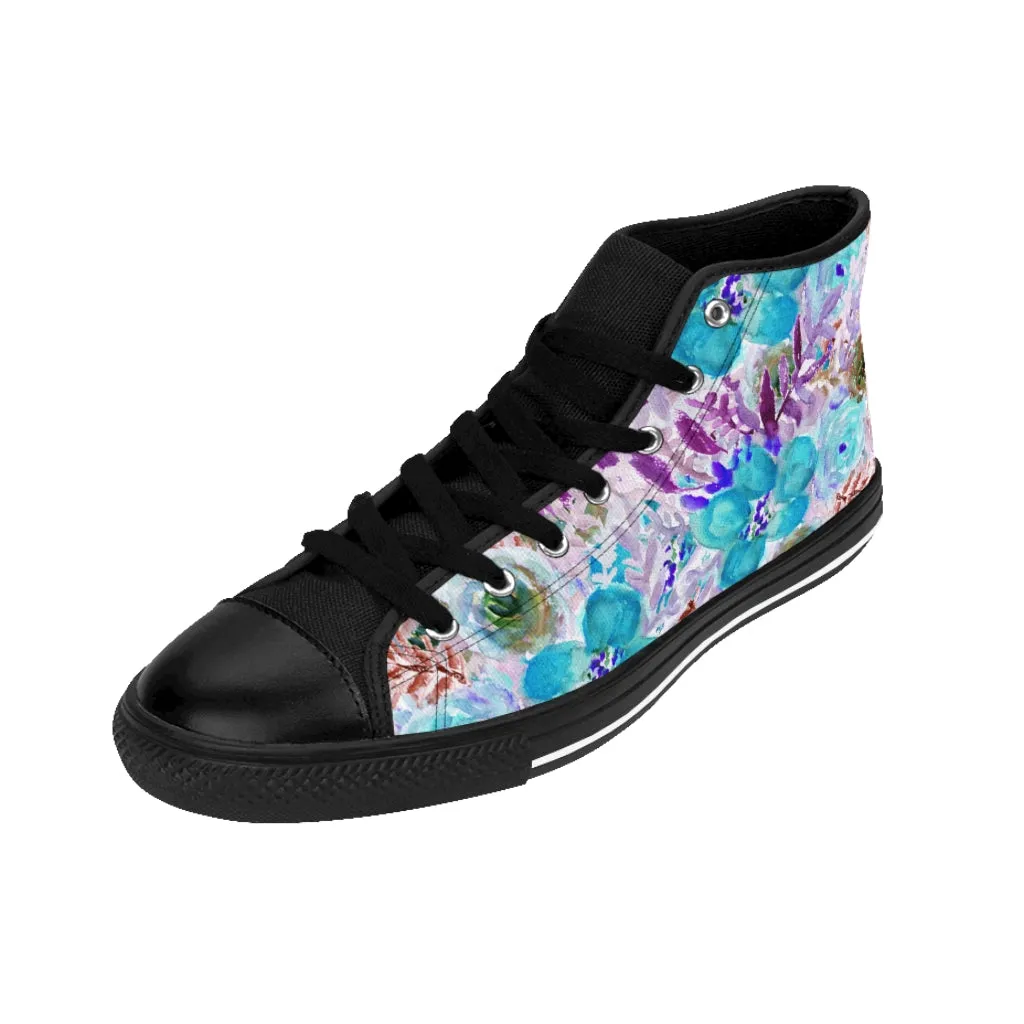 Blue Floral Women's Sneakers, Flower Print Designer High-top Sneakers Tennis Shoes (US Size: 6-12)