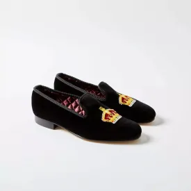 Bowhill & Elliot Black Velvet Albert Slippers with Embroidered Crown