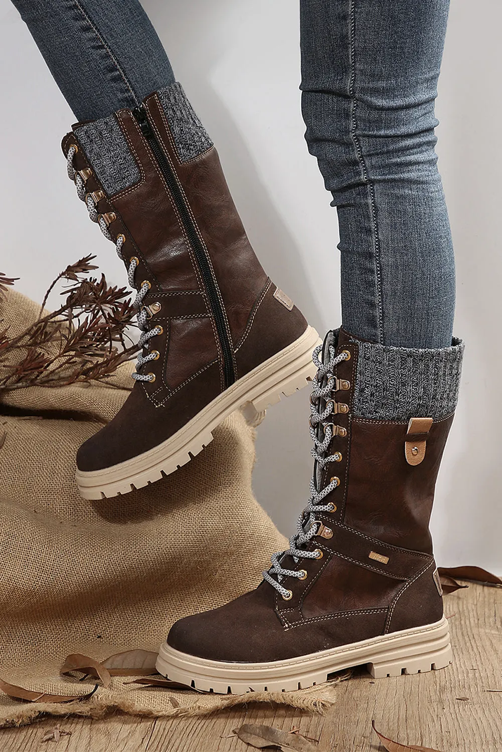 Coffee Wool Knit Patchwork Lace Up Leather Boots