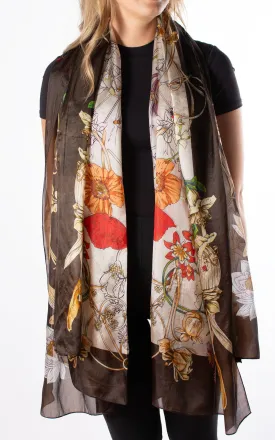 Dark Brown Border Floral Silk Scarf