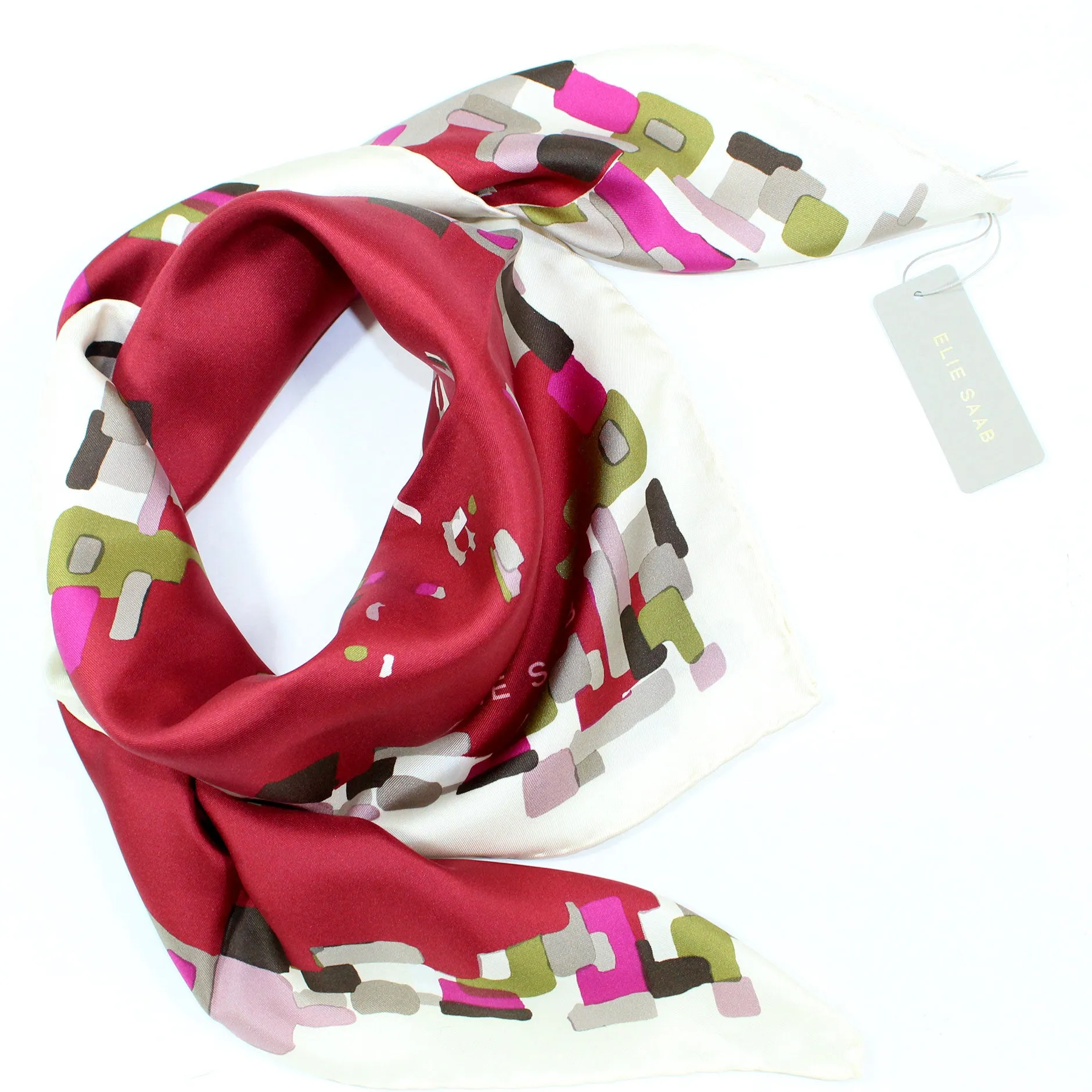 Elie Saab Scarf Maroon Olive Mauve Design - Twill Silk Square Foulard