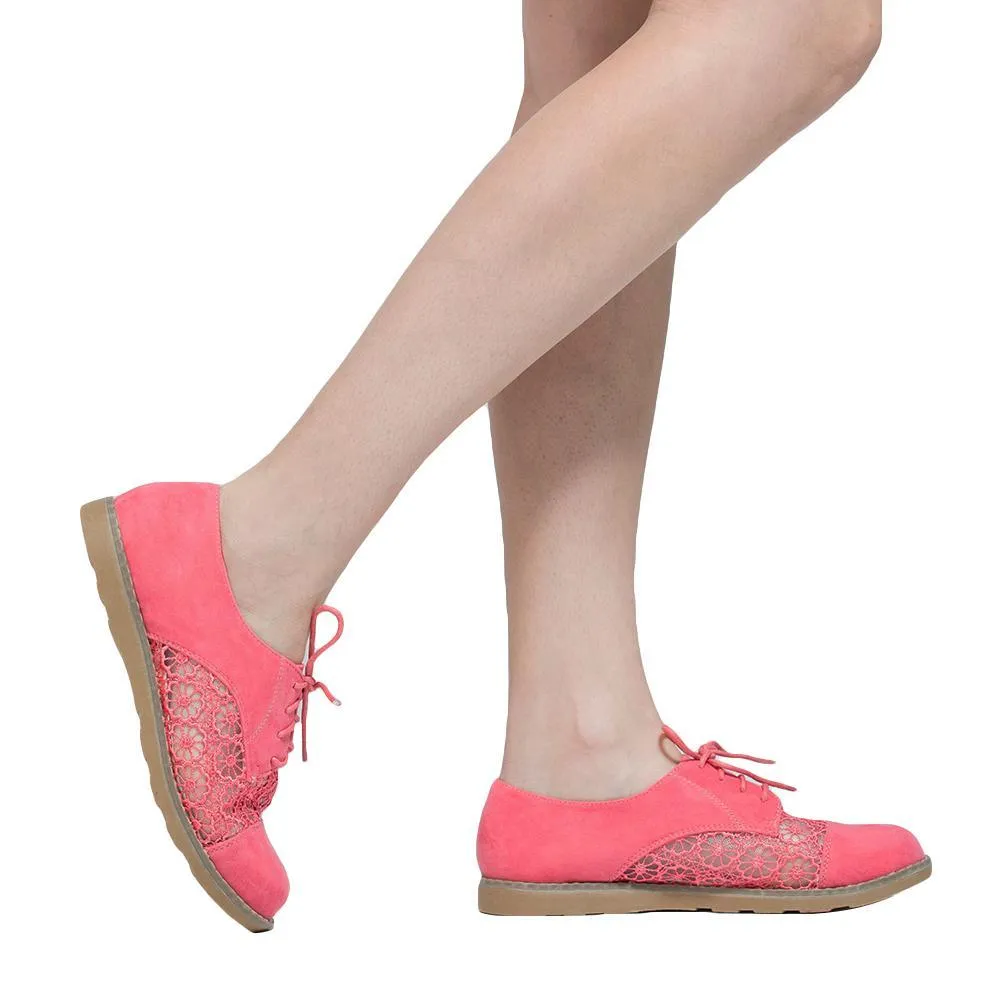 Embroidered Flower Lace Up Oxford Flats Pink Shoes For Women