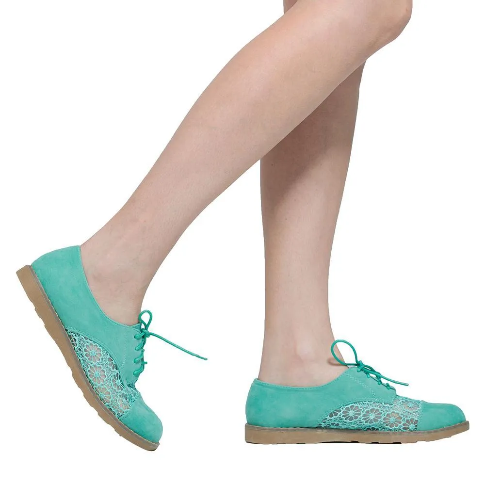 Flat shoes For Women Embroidered Flower Lace Up Oxford Flats Green