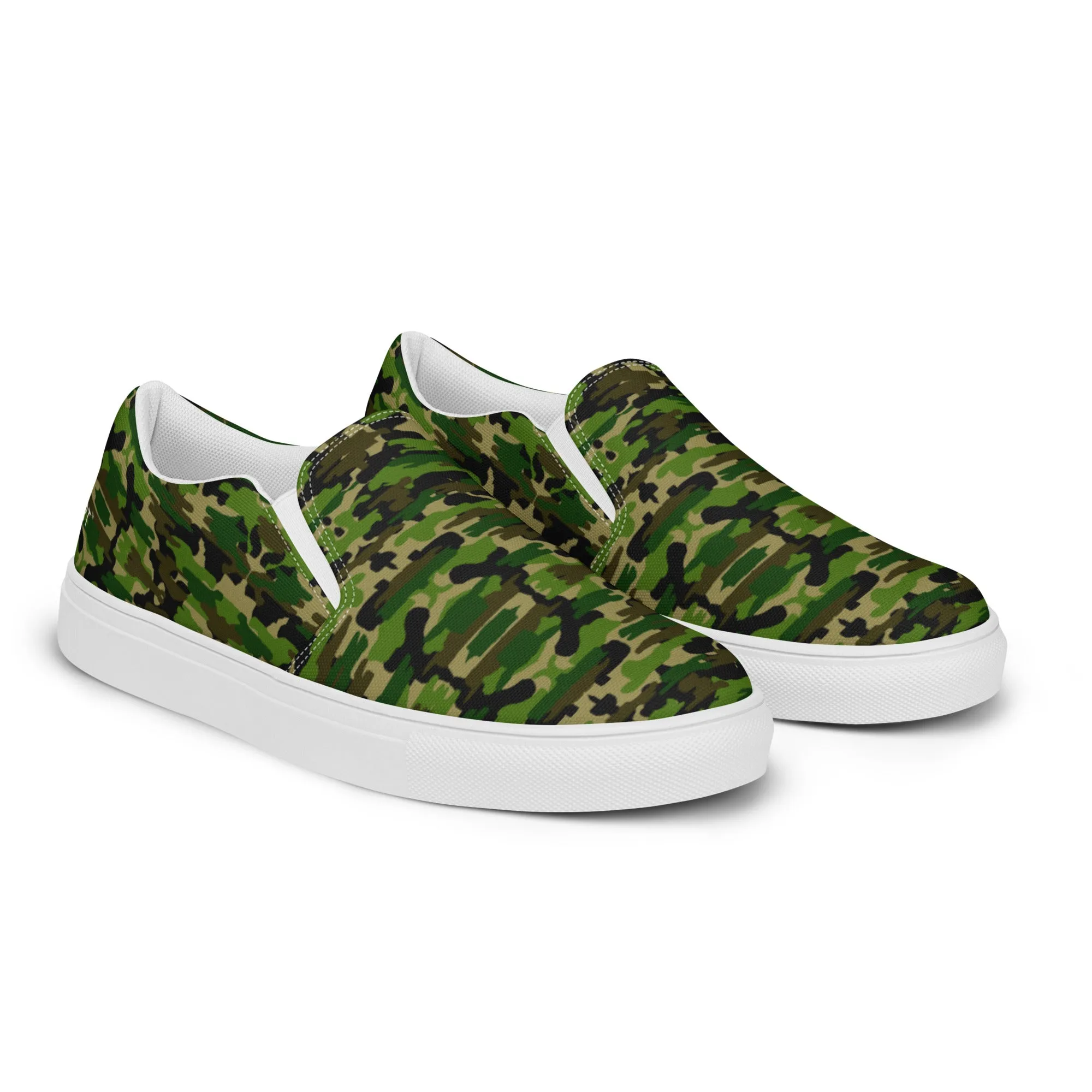 Green Camo Women's Slip Ons, Green Camouflage Army Military Print Women’s Slip-On Canvas Shoes (US Size: 5-12)