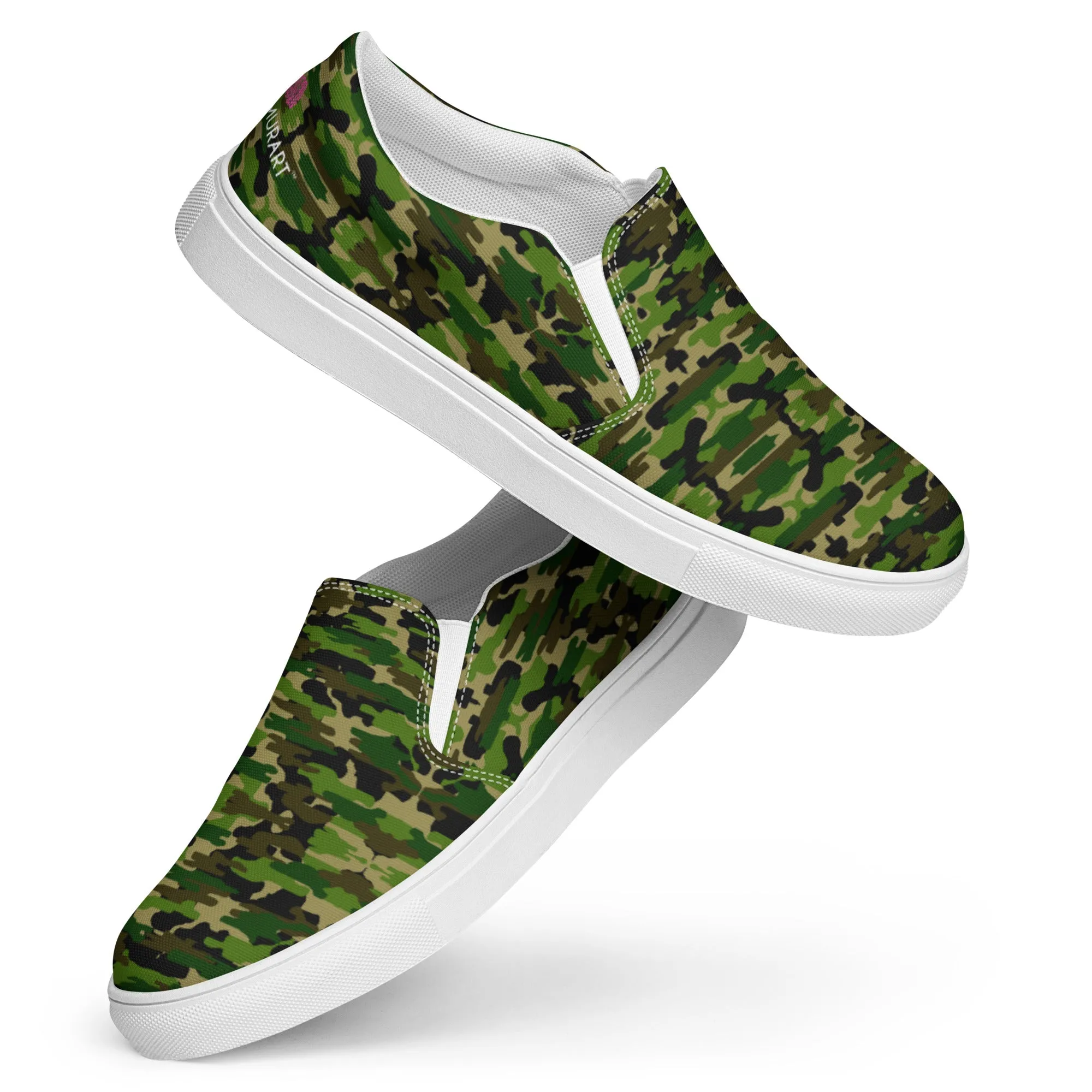 Green Camo Women's Slip Ons, Green Camouflage Army Military Print Women’s Slip-On Canvas Shoes (US Size: 5-12)