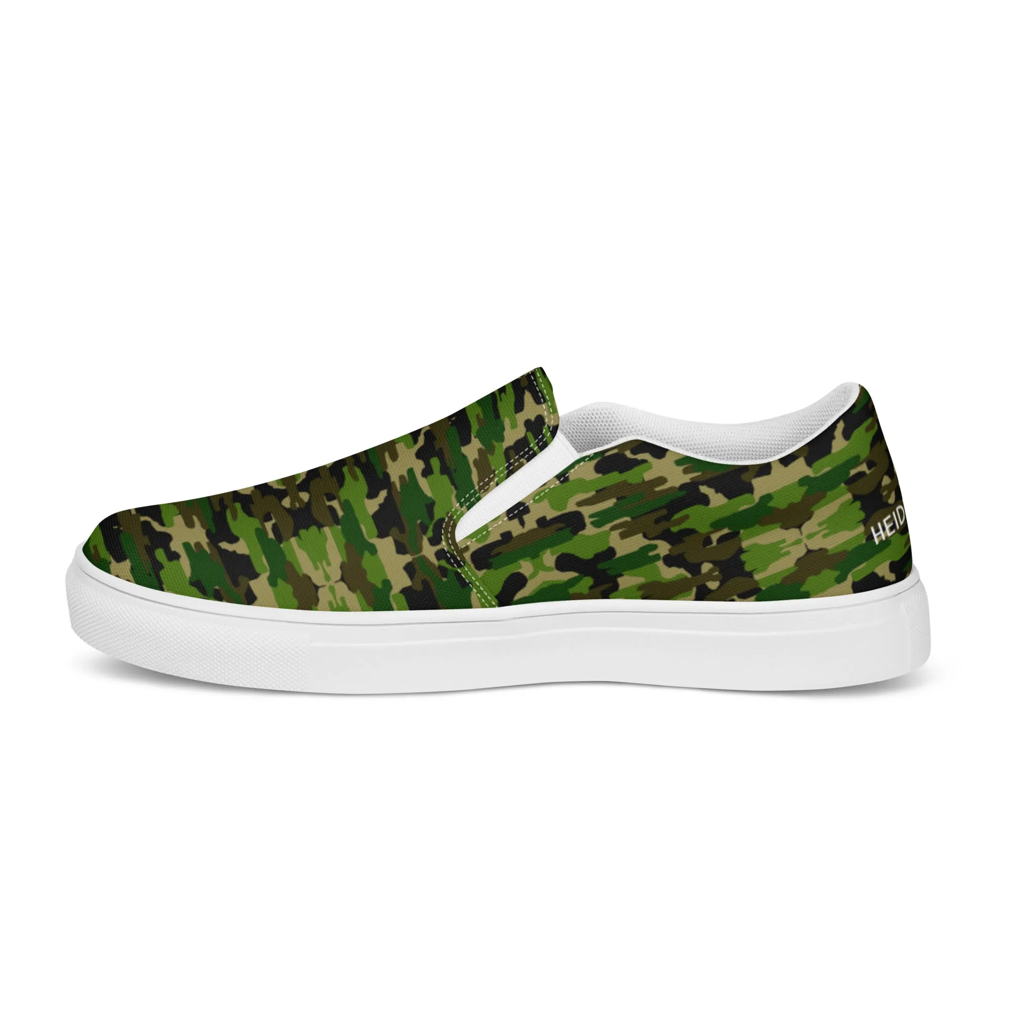 Green Camo Women's Slip Ons, Green Camouflage Army Military Print Women’s Slip-On Canvas Shoes (US Size: 5-12)