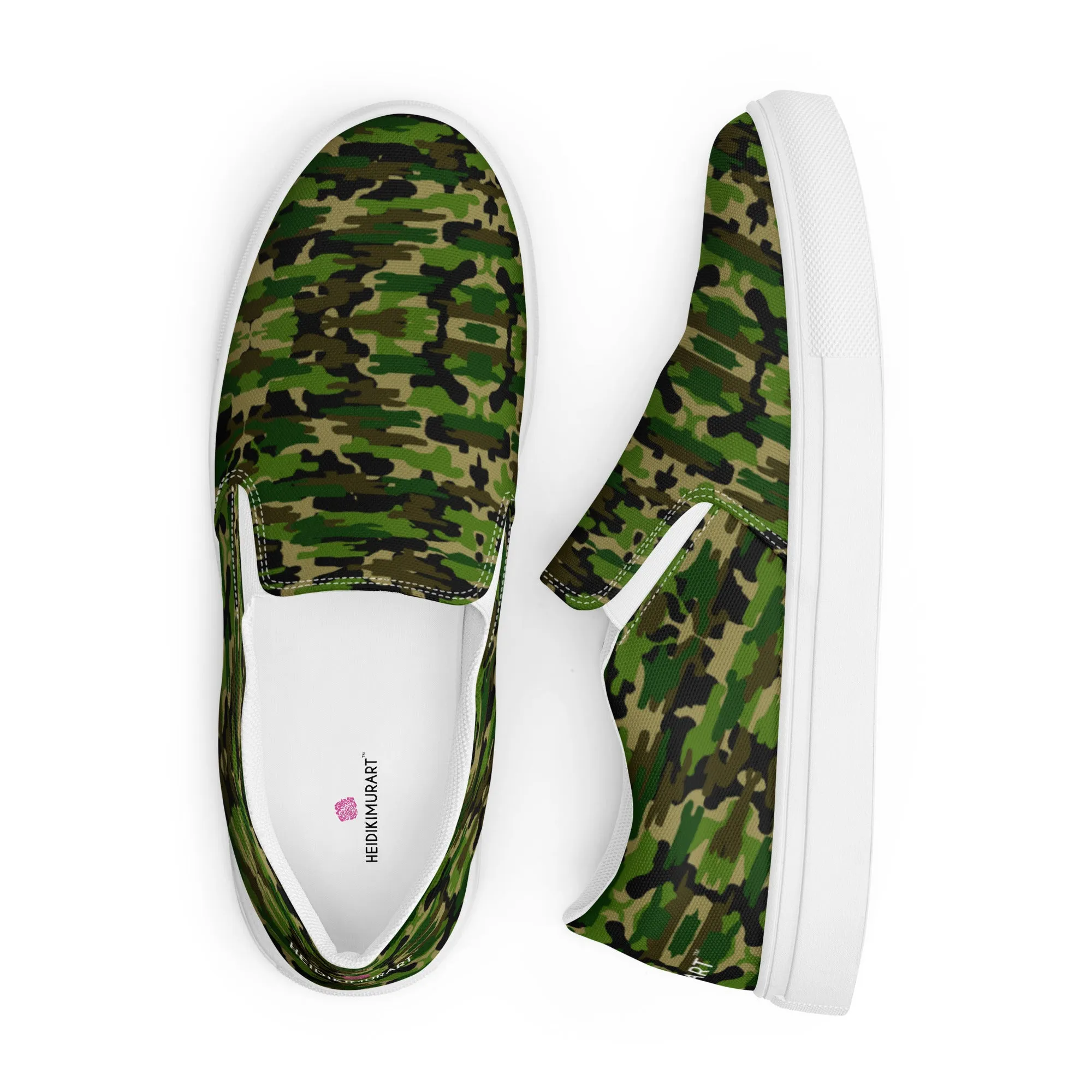 Green Camo Women's Slip Ons, Green Camouflage Army Military Print Women’s Slip-On Canvas Shoes (US Size: 5-12)