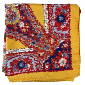 Kiton Women Scarf Olive Fire Red Paisley - Twill Silk Square Foulard