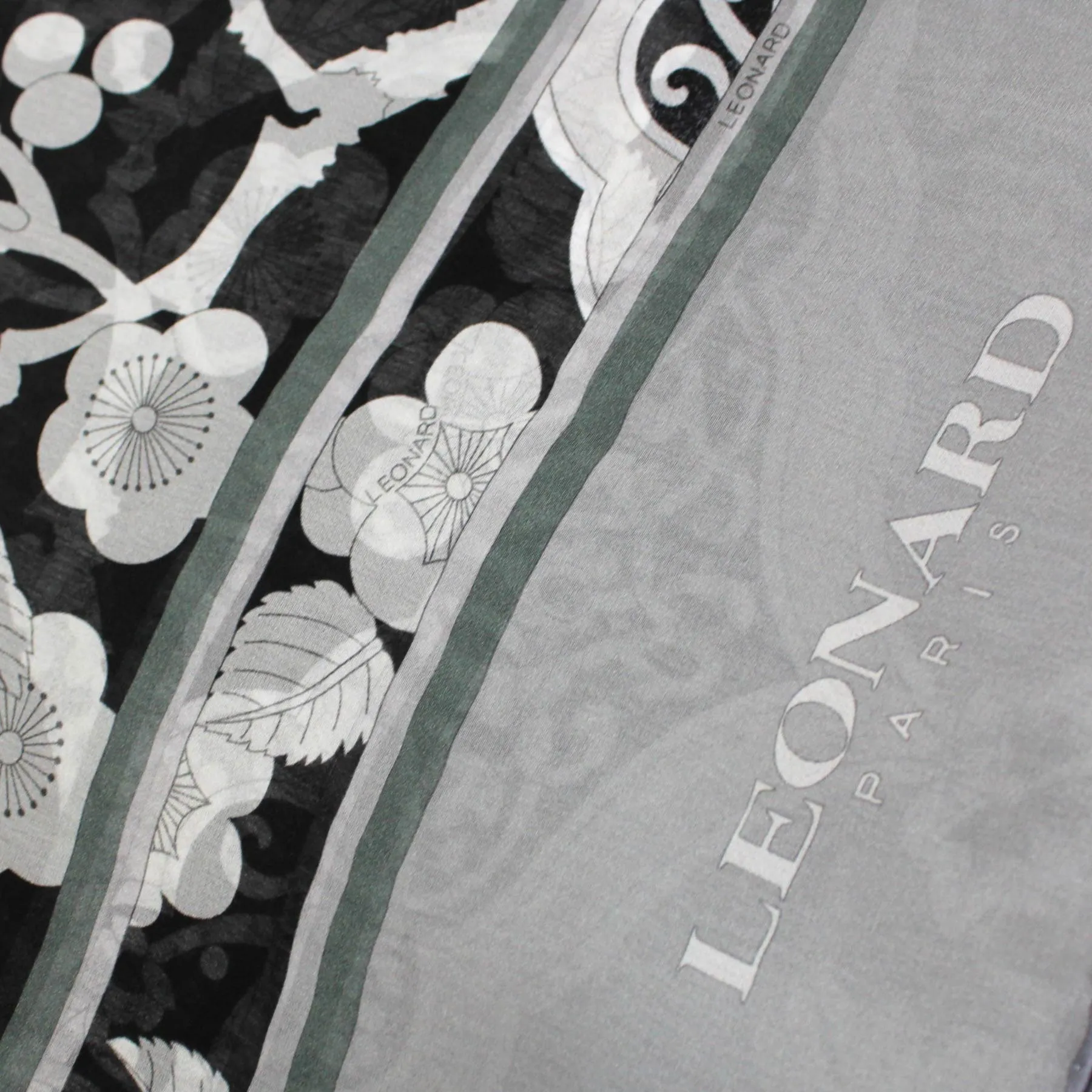 Leonard Paris Chiffon Silk Scarf Black Gray Floral SALE