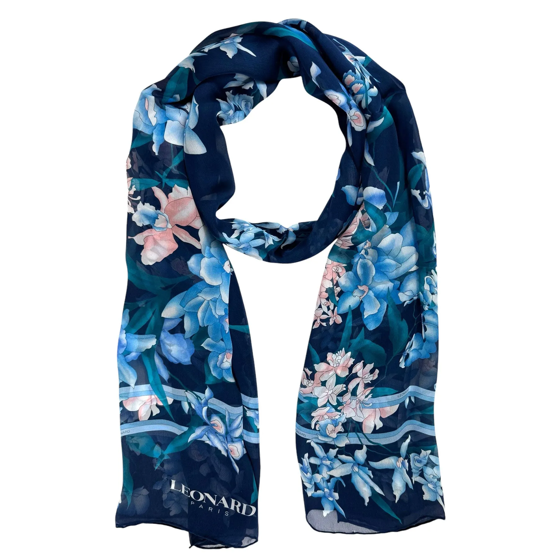 Leonard Paris Scarf Midnight Blue Floral - Chiffon Silk Women Shawl