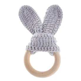 Peachshop Safety Natural Baby Wood  Teether Toys With Rabbit Ear Fabric (Gray)