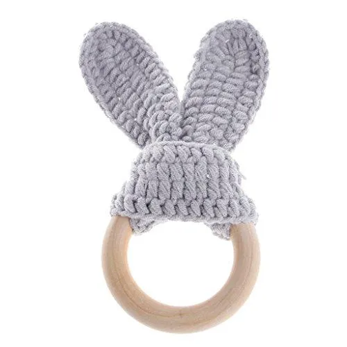 Peachshop Safety Natural Baby Wood  Teether Toys With Rabbit Ear Fabric (Gray)