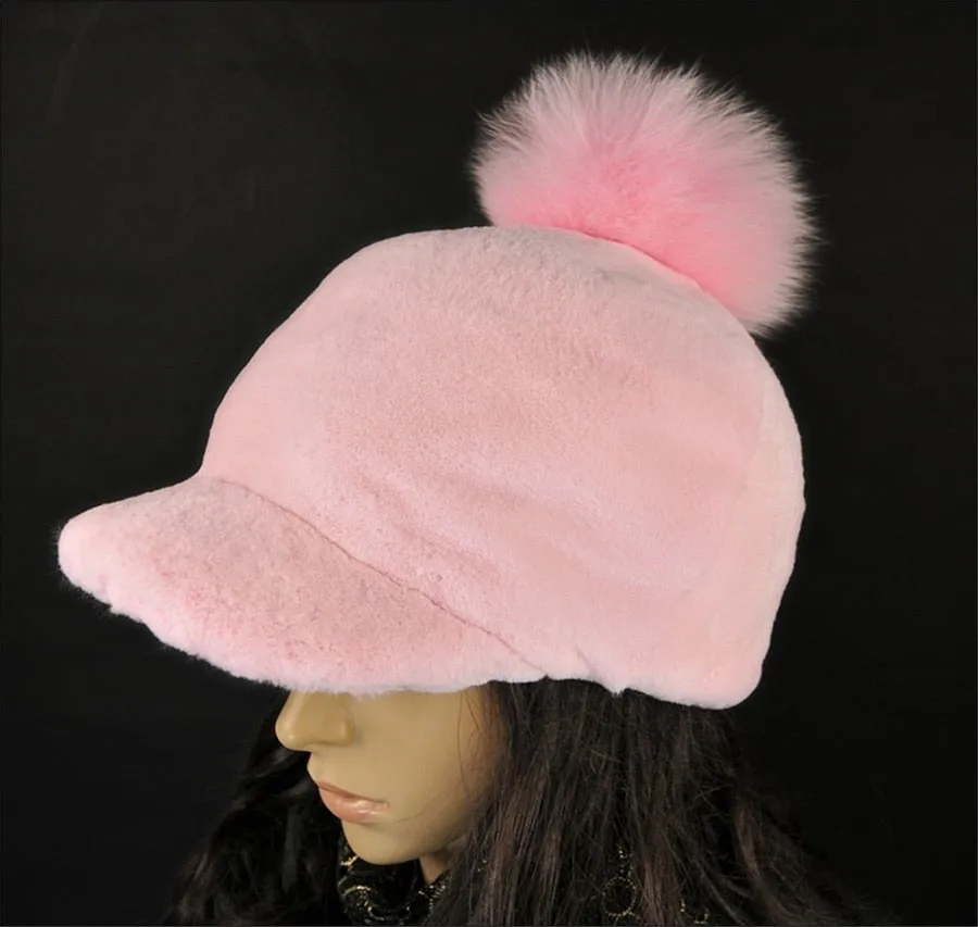 Rabbit Fur Hat with Fox Fur Pom Poms