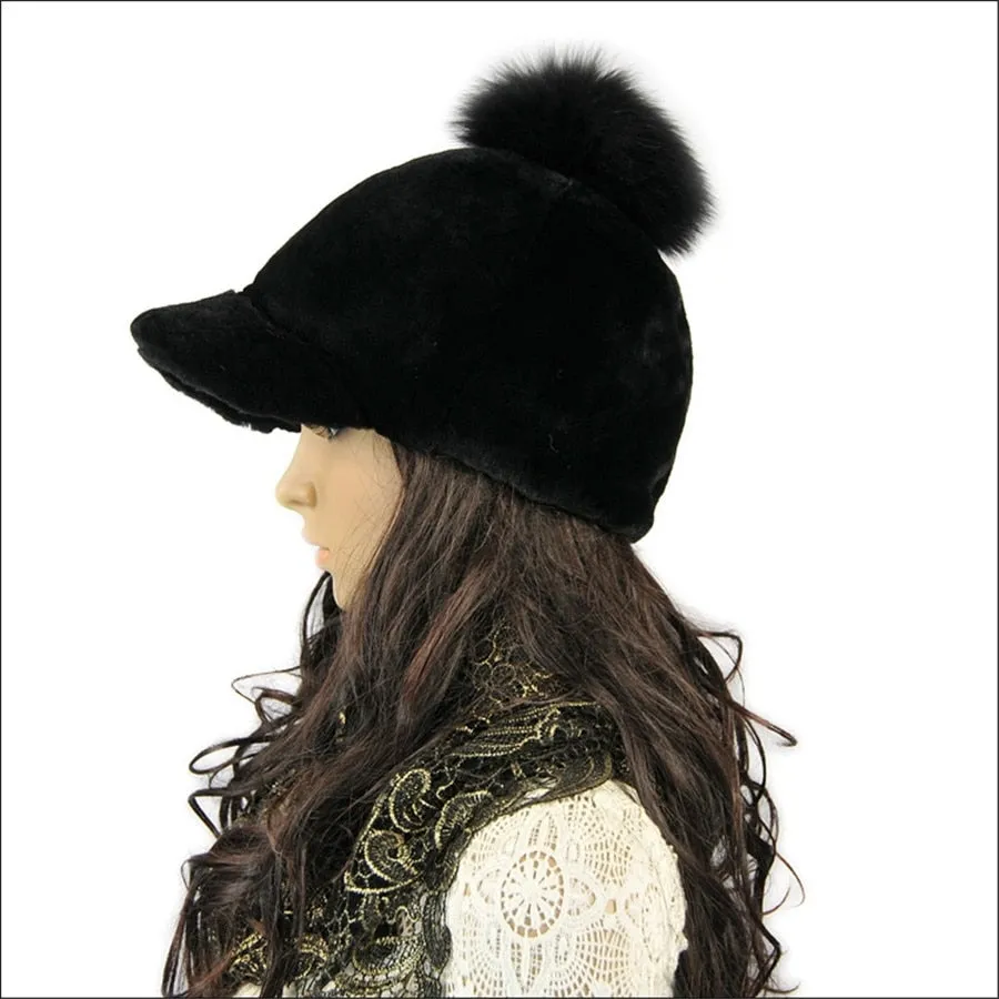 Rabbit Fur Hat with Fox Fur Pom Poms