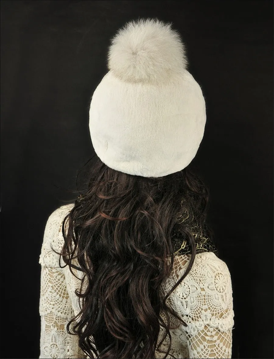 Rabbit Fur Hat with Fox Fur Pom Poms