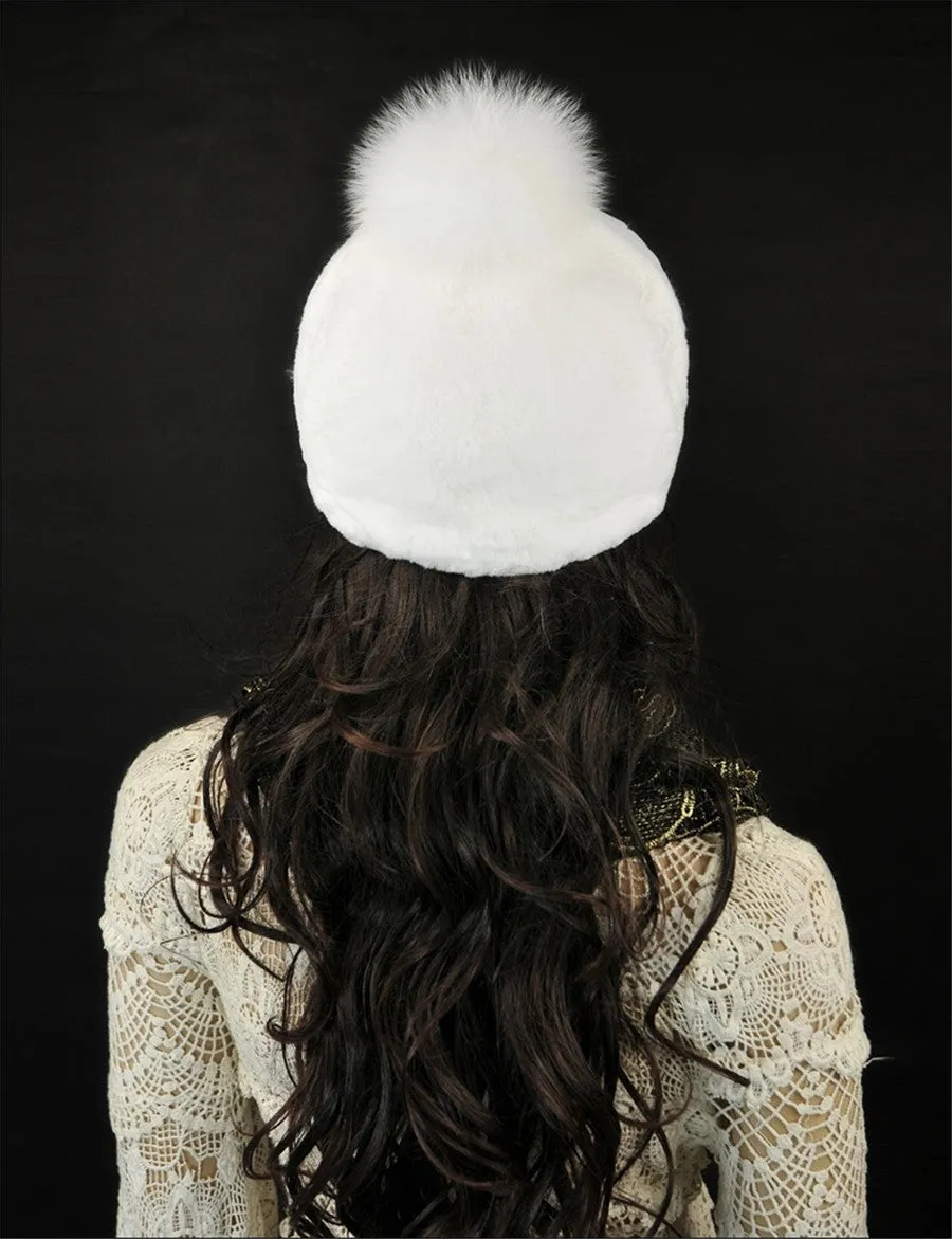 Rabbit Fur Hat with Fox Fur Pom Poms