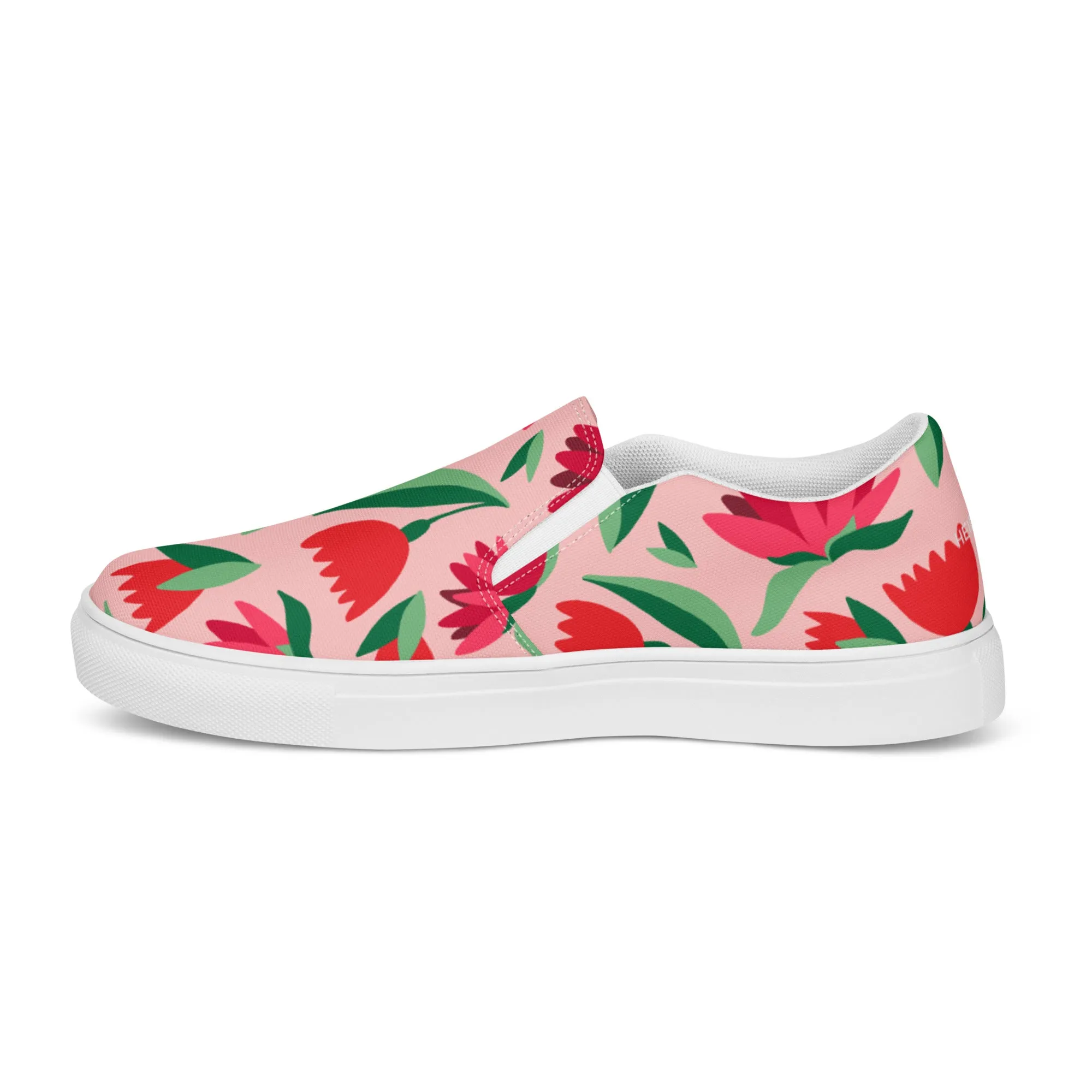 Red Floral Women's Sneakers, Pink Girlie Flower Print Women’s Slip-On Canvas Shoes (US Size: 5-12)