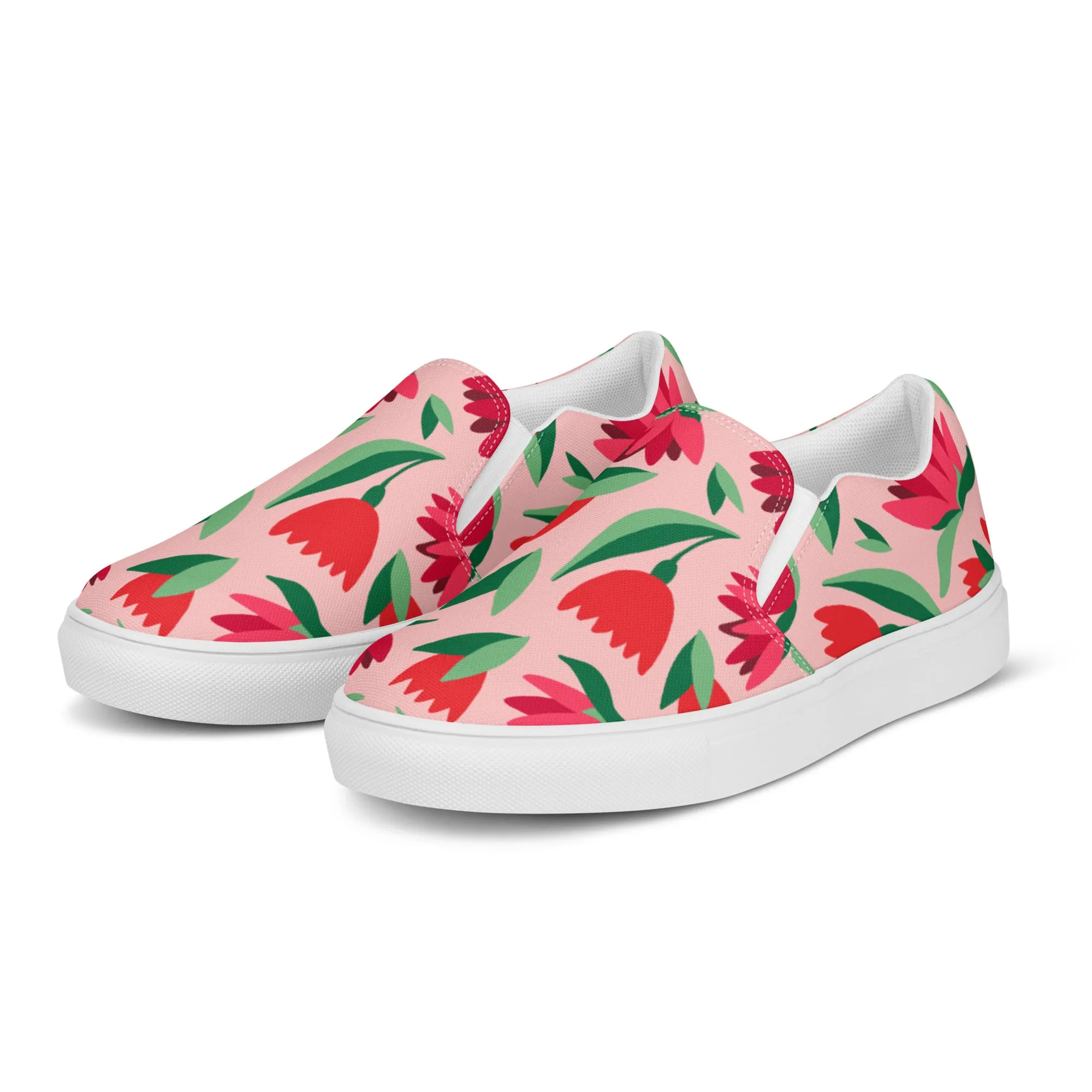 Red Floral Women's Sneakers, Pink Girlie Flower Print Women’s Slip-On Canvas Shoes (US Size: 5-12)