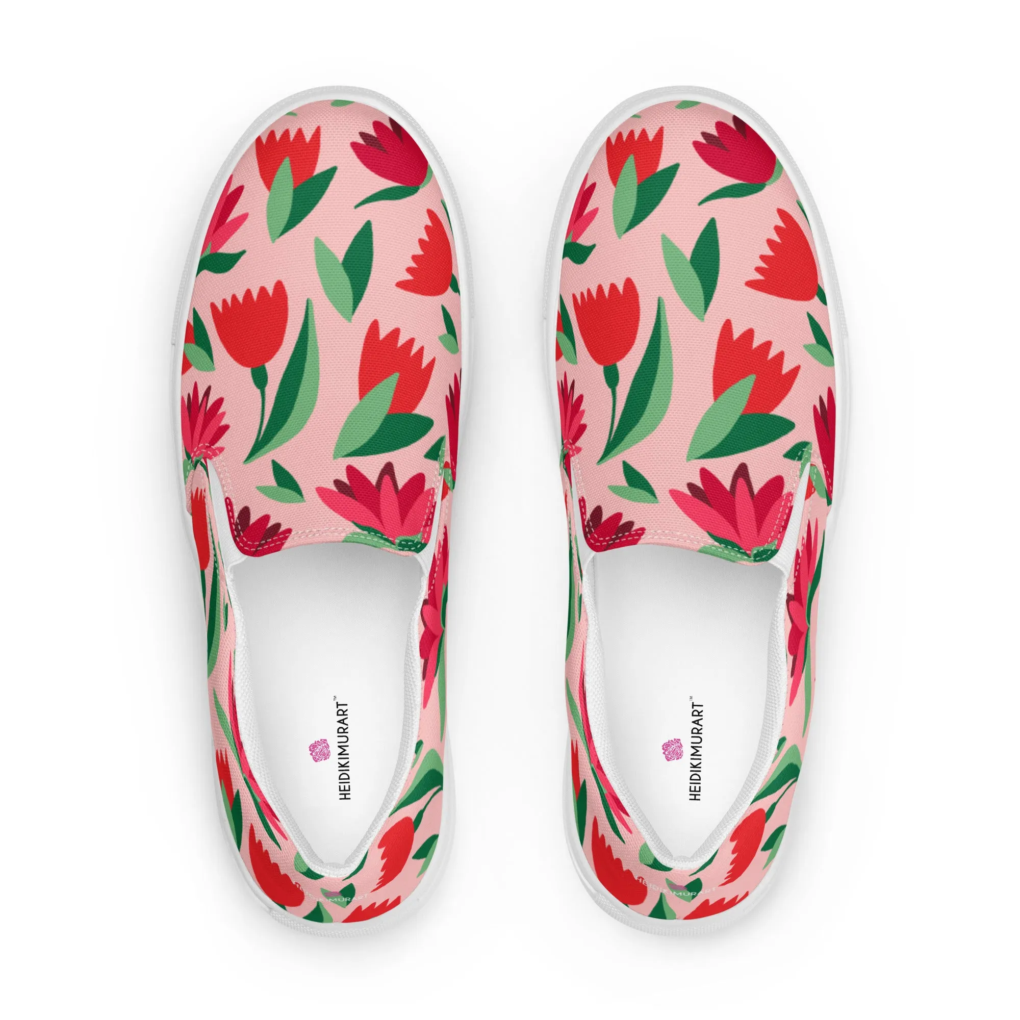 Red Floral Women's Sneakers, Pink Girlie Flower Print Women’s Slip-On Canvas Shoes (US Size: 5-12)