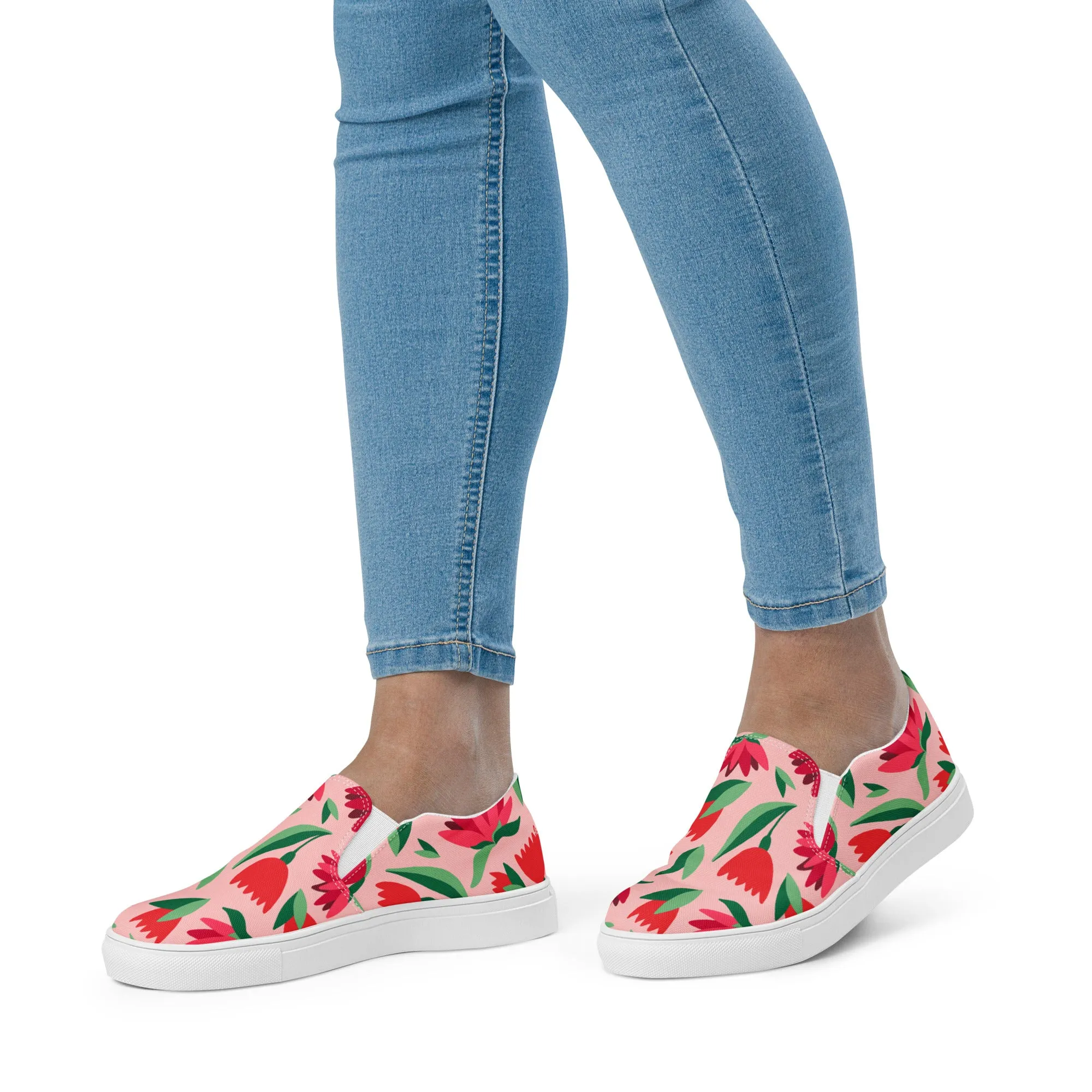 Red Floral Women's Sneakers, Pink Girlie Flower Print Women’s Slip-On Canvas Shoes (US Size: 5-12)