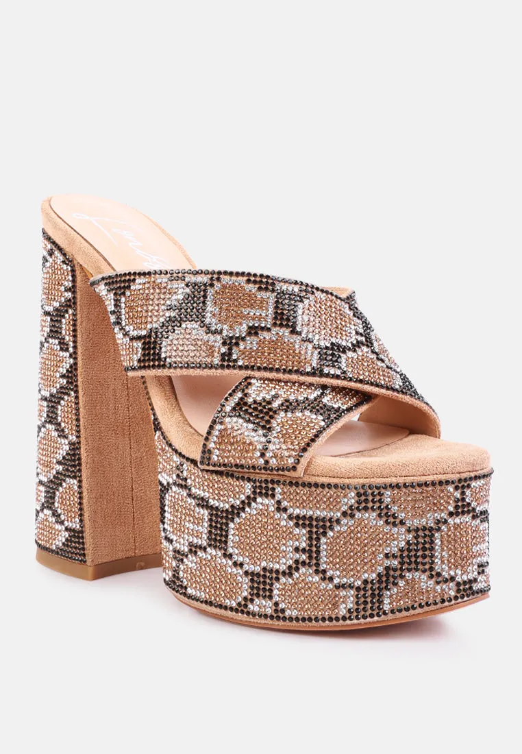 Sinful High Platform Patterned Diamante Slides