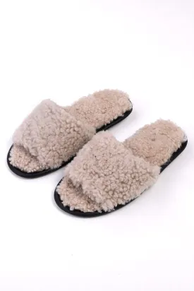 Unisex Open Toe Soft Sheepskin Slippers with Fur Lining in Beige Color